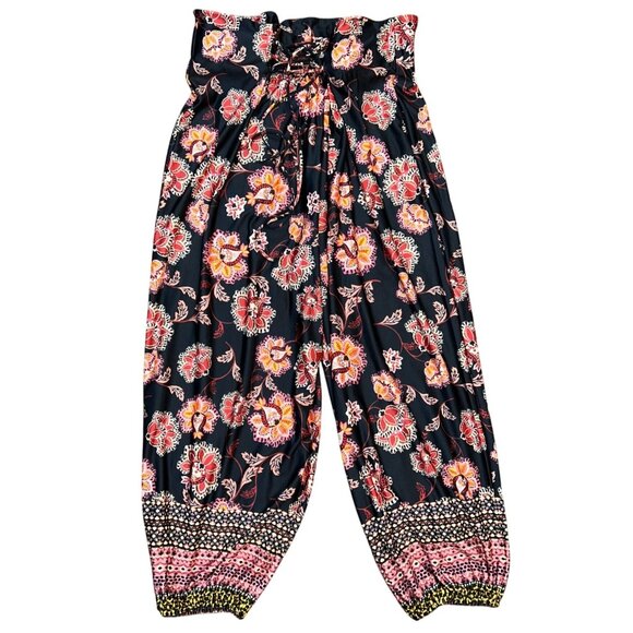 John Paul Richard Petite Floral Printed Black Elastic Waist Harem Pants With Lac - Picture 1 of 5